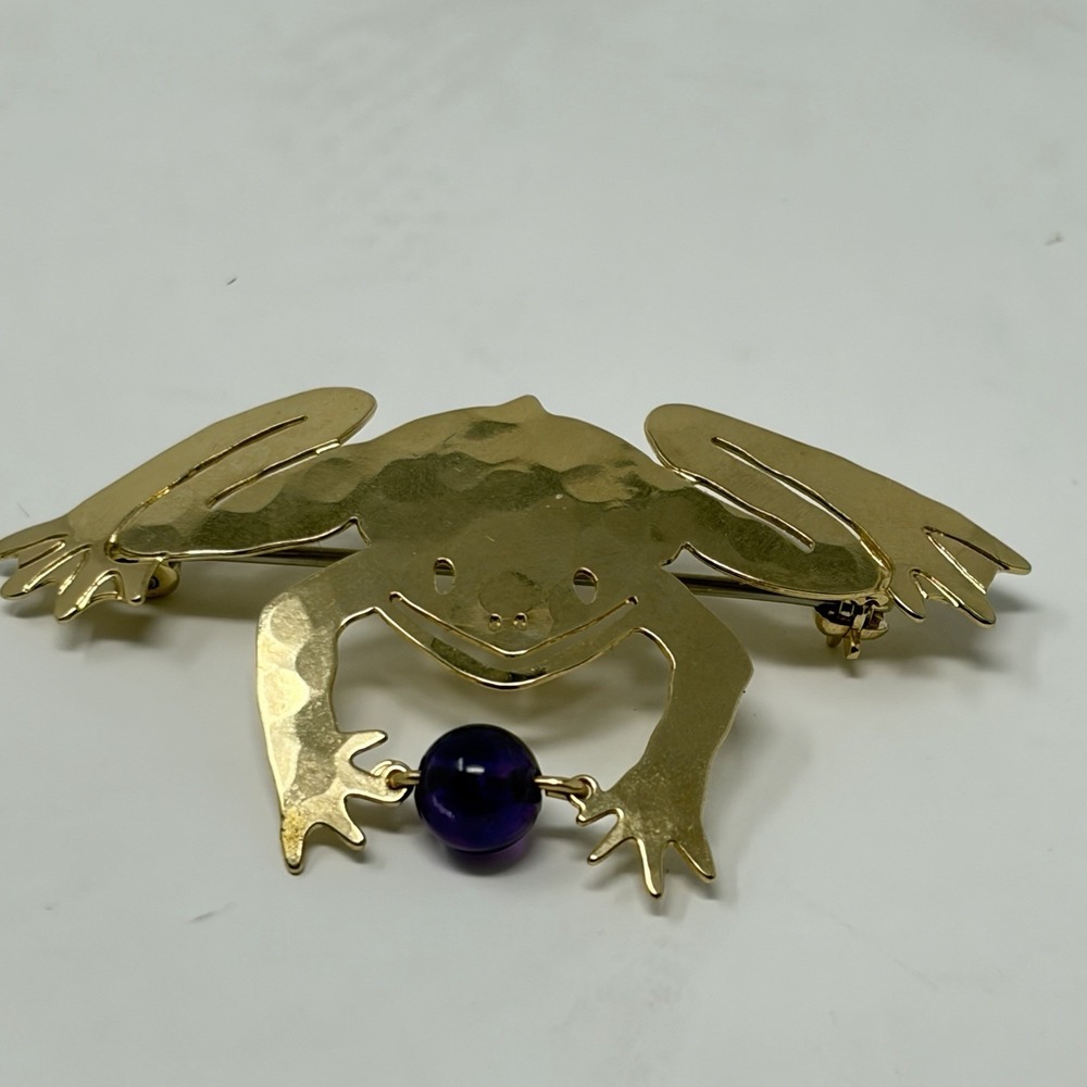 Wild Bryde Frog‎ Brooch Pin Brass Gold Tone Amethyst Artisan Statement Jewelry